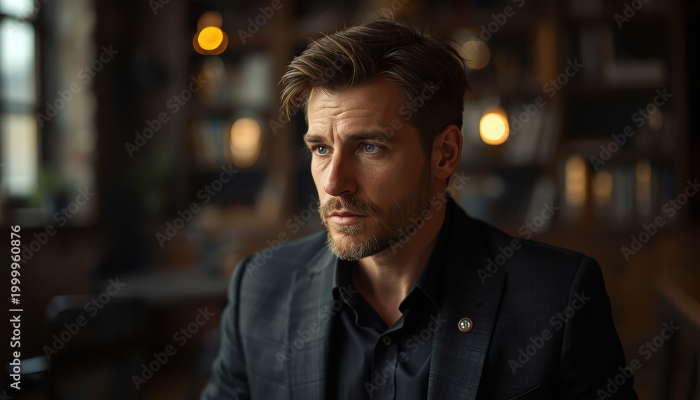 Fototapeta premium Handsome man with thoughtful expression in warm moody interior