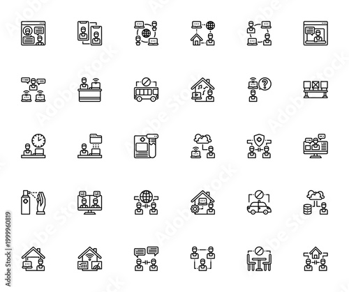Social distance icon set. Minimal thin line vector pack. Includes symbols for video call, communication, stay at home, working online, social distancing, health, conference, connection and more.