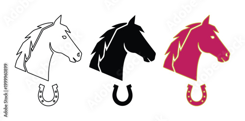Horse head profile and horseshoe icons, minimalist equestrian logo set in black and red, vector stallion head silhouettes for ranch branding