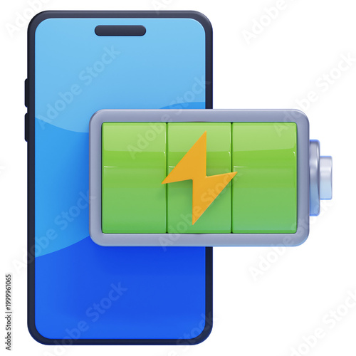 PNG 3D Smartphone Battery Charging Icon with Full Power Indicator Icon Isolated on a Transparent Background