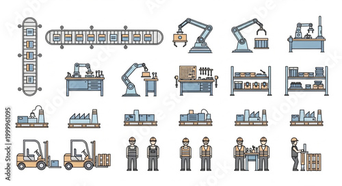 Industrial factory equipment and workers illustration set.