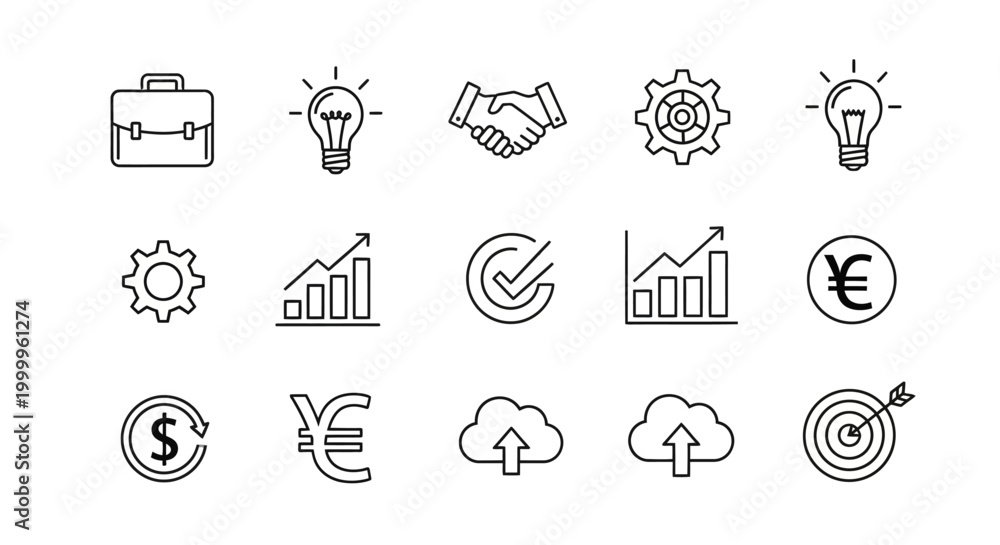 Fototapeta premium Business Icons Set: Success, Growth, Finance, Ideas, Partnership, Cloud, Technology