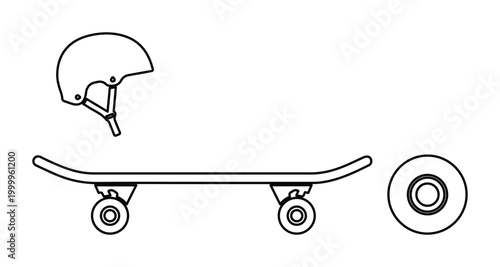 Minimalist skateboard line art vector, professional skating safety helmet and wheel icons, black and white extreme sports equipment set