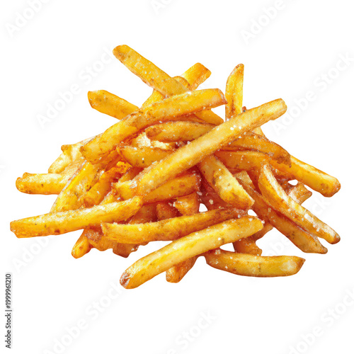 a pile of salty golden french fries isolated on transparent background