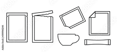 Minimalist sugar sachet and coffee cup icons, black line vector set of 6 condiment packaging elements, open and closed paper packets for cafe branding