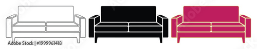 Modern sofa icon set in flat vector style, minimalist couch furniture silhouettes in black and pink, interior design living room seating symbols