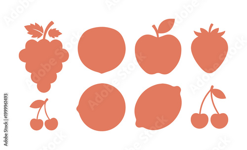 Minimalist fruit silhouettes set, terracotta orange organic food icons, collection of 8 flat vector fruit shapes for healthy lifestyle branding