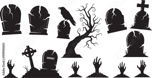 Halloween tombstones, creepy tree, crow, black silhouette icons, 13-piece set