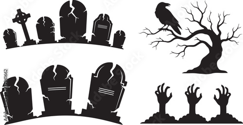 Halloween graveyard icons, spooky tombstones, creepy tree silhouettes, black vector graphics