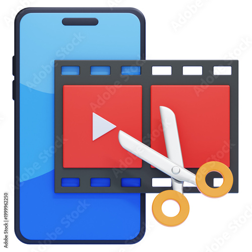 PNG 3D Smartphone Video Editing Icon with Film Strip and Scissors Icon Isolated on a Transparent Background