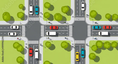 Aerial View of Busy City Intersection with Cars and Pedestrian Crosswalks.