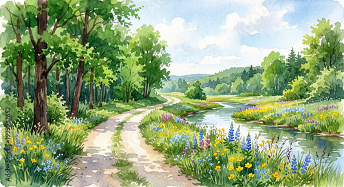 A beautiful walk with clear rivers and wild flowers. Illustration Watercolor Image