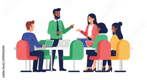A group of diverse professionals are gathered around a conference table for a collaborative business meeting in a modern office setting.