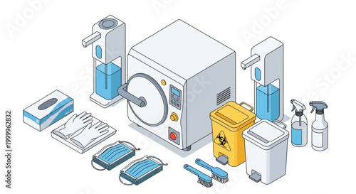 A collection of medical and hygiene supplies, including an autoclave, masks, gloves, sanitizers, and waste bins, arranged for a sterile environment.