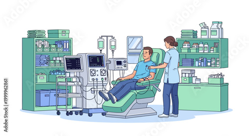 A nurse monitors a patient undergoing dialysis treatment in a well-equipped medical facility, surrounded by specialized equipment and supplies.