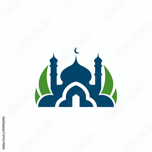 A serene mosque silhouette stands against a leafy backdrop under a crescent moon at dusk.