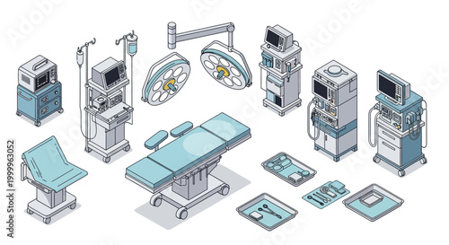 Isometric illustration of various medical equipment and surgical instruments commonly found in an operating room.