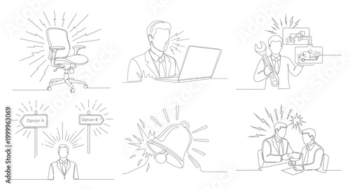 Continuous line illustration of technical support worker using headset and wrench for maintenance of industrial system and equipment.