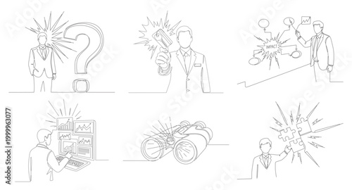 Single line drawing of executive searching for solutions with magnifying glass and binoculars showing business research and analytics.