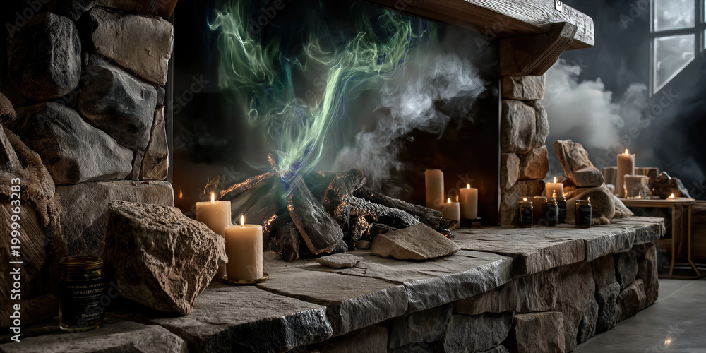 Fototapeta premium Enchanted space with glowing smoke. Indoor scene of magical ceremony with flickering lights