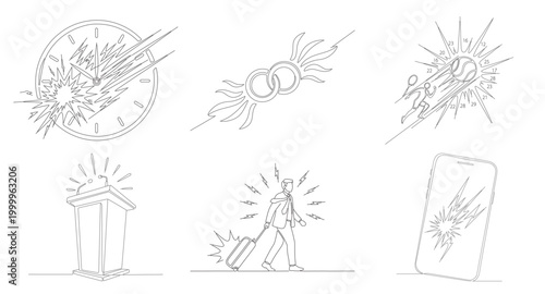 Time concept with exploding clock, broken wedding rings, and race to success with numbers on person.