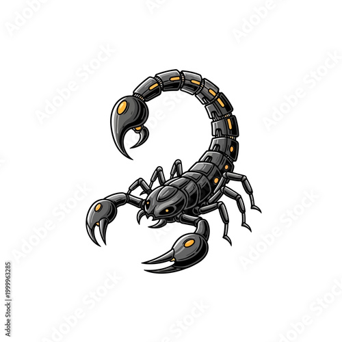Black Scorpion with Yellow Accents on a White Background.