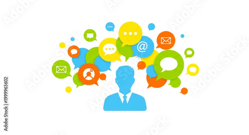 Communication concept with person and speech bubbles.