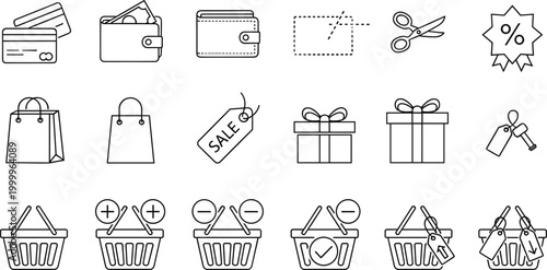 Shopping and Retail Icons Set Featuring Wallets, Shopping Bags, Discounts, Gift Boxes, and Shopping Cart Elements