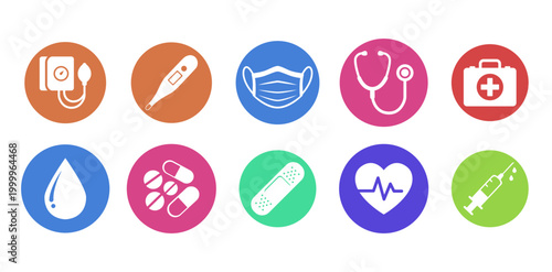 Colorful Medical and Healthcare Flat Icon Set Vector Illustration