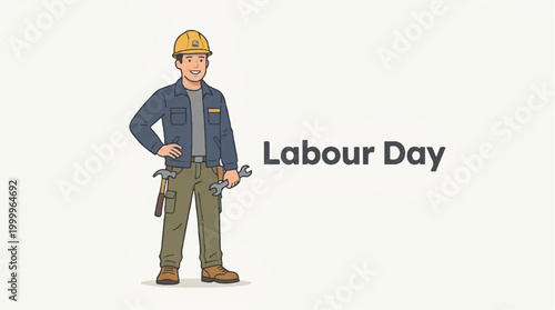 Labour day worker in hard hat and uniform with tools standing confidently