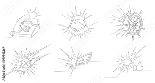 Continuous line drawing of classic desk phone with burst effect symbolizing incoming business call or communication concept vector graphic.