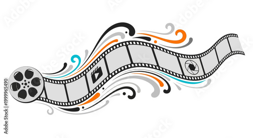 Film Reel with Swirling Abstract Decorations and Icons