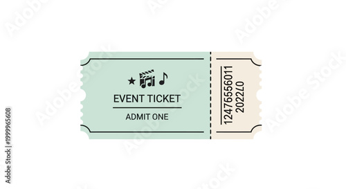 Mint Green Event Ticket Admit One for Concert or Movie with Music Note Icon