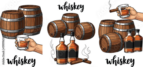 Whiskey and Barrel Collection Featuring Whiskey Bottles, Glasses, Barrels, and Cigars for Liquor and Drink Designs