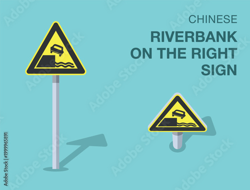 Traffic regulation rules. Isolated chinese "riverbank on the right" road sign. Front and top view. Flat vector illustration template.