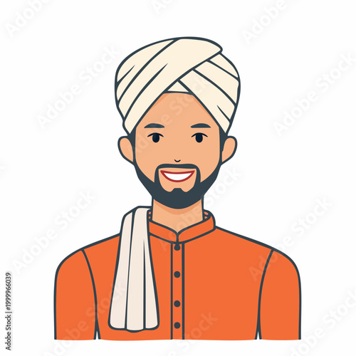 Illustration of a smiling man wearing a turban and traditional Indian clothing