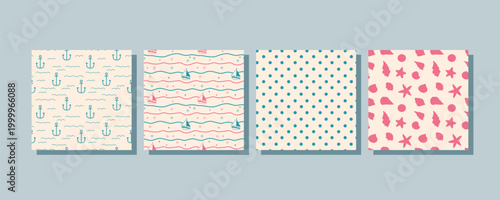 Set of nautical seamless patterns with doodle illustrations of anchor, seashells, wavy lines, dots, and boat on beige background.