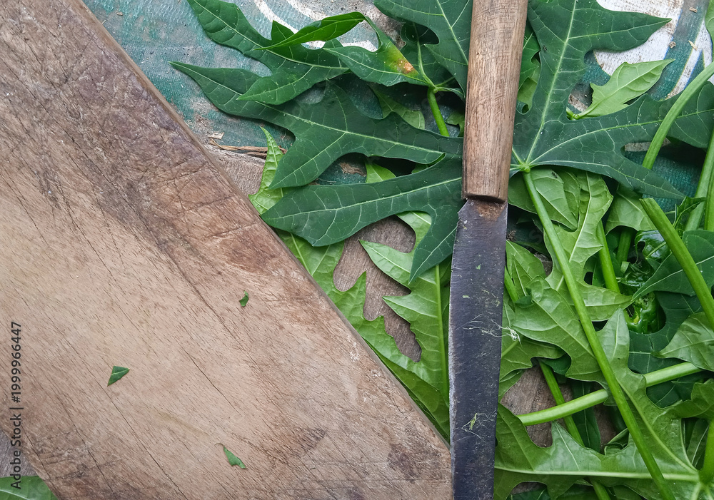 Obraz premium chaya leaves with a knife and a wooden cutting board for slicing