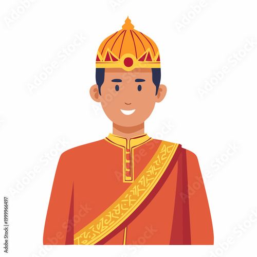 Illustration of a smiling man in traditional royal attire with a crown