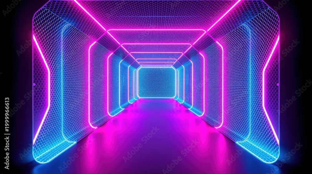 Fototapeta premium Neon tunnel extends into darkness. Vibrant pink, blue lights create futuristic perspective. Mesh walls reflect glowing illumination.