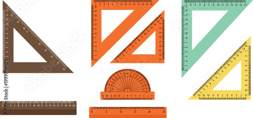 Geometry ruler set with triangle square protractor measuring tools vector illustration.
