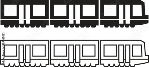 Train icon set in flat, outline style. Freight cargo wagons, passenger railcars and locomotive transport symbols. Minimal railway illustration collection for logistics, travel and infographic designs.