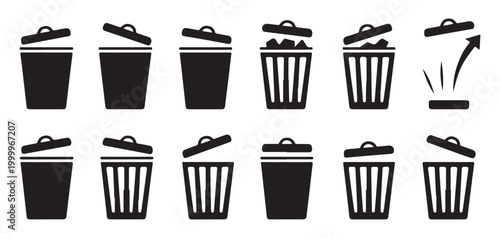 Collection of black trash can icons representing rubbish bins and waste containers with open and closed lids.