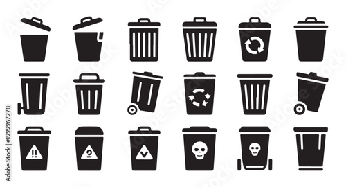 Set of various black trash can icons with different symbols and states on transparent background.