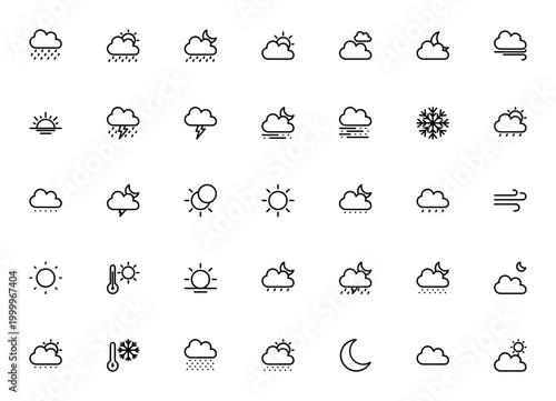 Weather icon pack. Climate vector set. Minimalist weather symbols. Includes rainy, cloudy, sunny, snowy, thunderstorm, windy, eclipse, temperature and more.