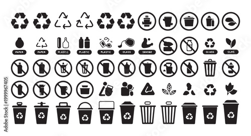 Large collection of black recycling and trash related icons on transparent background for various uses.