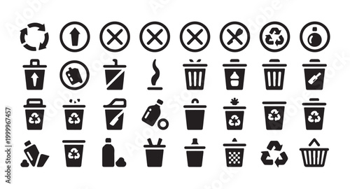 Set of recycling and trash icons and symbols various types of bins for waste management.