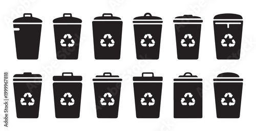 Recycle bin icons featuring various lid shapes and garbage can symbols for waste management system.