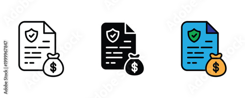 Secure financial document with money bag icon set. Insurance policy protection, guaranteed investment savings, and legal banking contract symbol.