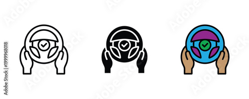 Hands holding steering wheel with check mark icon set. Safe driving assistance, autonomous vehicle control, and professional driver certification symbol.